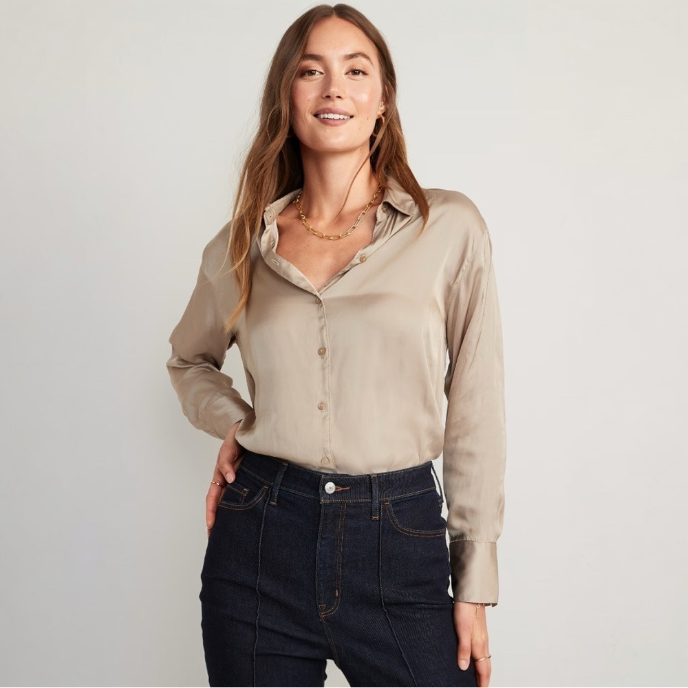 Old Navy Beige Satin Button-Up Blouse
